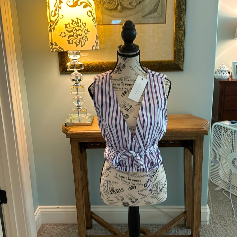 Lush sleeveless vertical stripe pattern wrap tank with tie at waist.